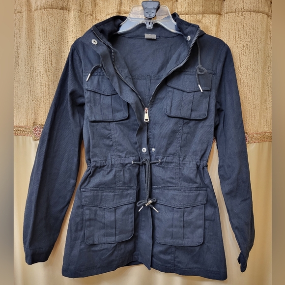 Women's Black swing jacket with hoodie and waist drawstring. Size Medium - Picture 2 of 10